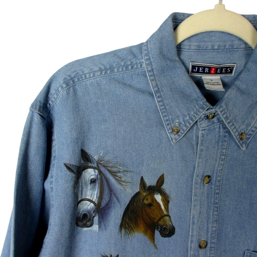 Jerzees Horse Denim Shirt Button Down Women's Cotton Size L Equestrian - Picture 3 of 8